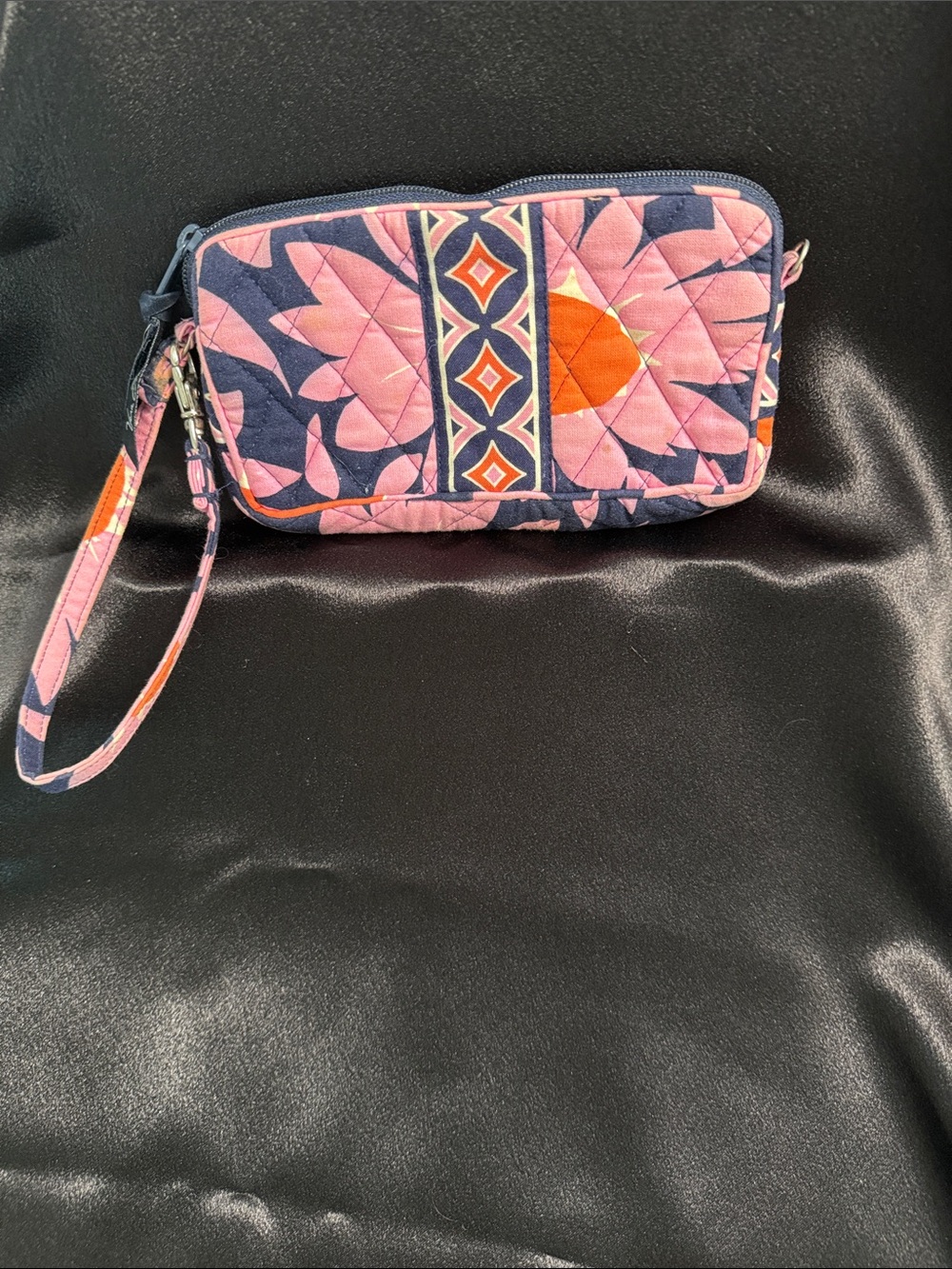 Vera Bradley Quilted Floral Wristlet in Pink, Navy & Orange